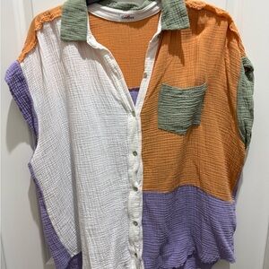 Colorblock Button-Up Blouse
